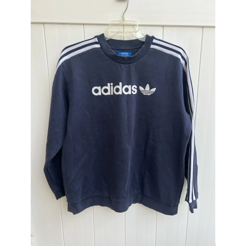 Adidas 3 Stripe Crew Neck Sweatshirt Mens L/XL Spellout Logo Navy Blue